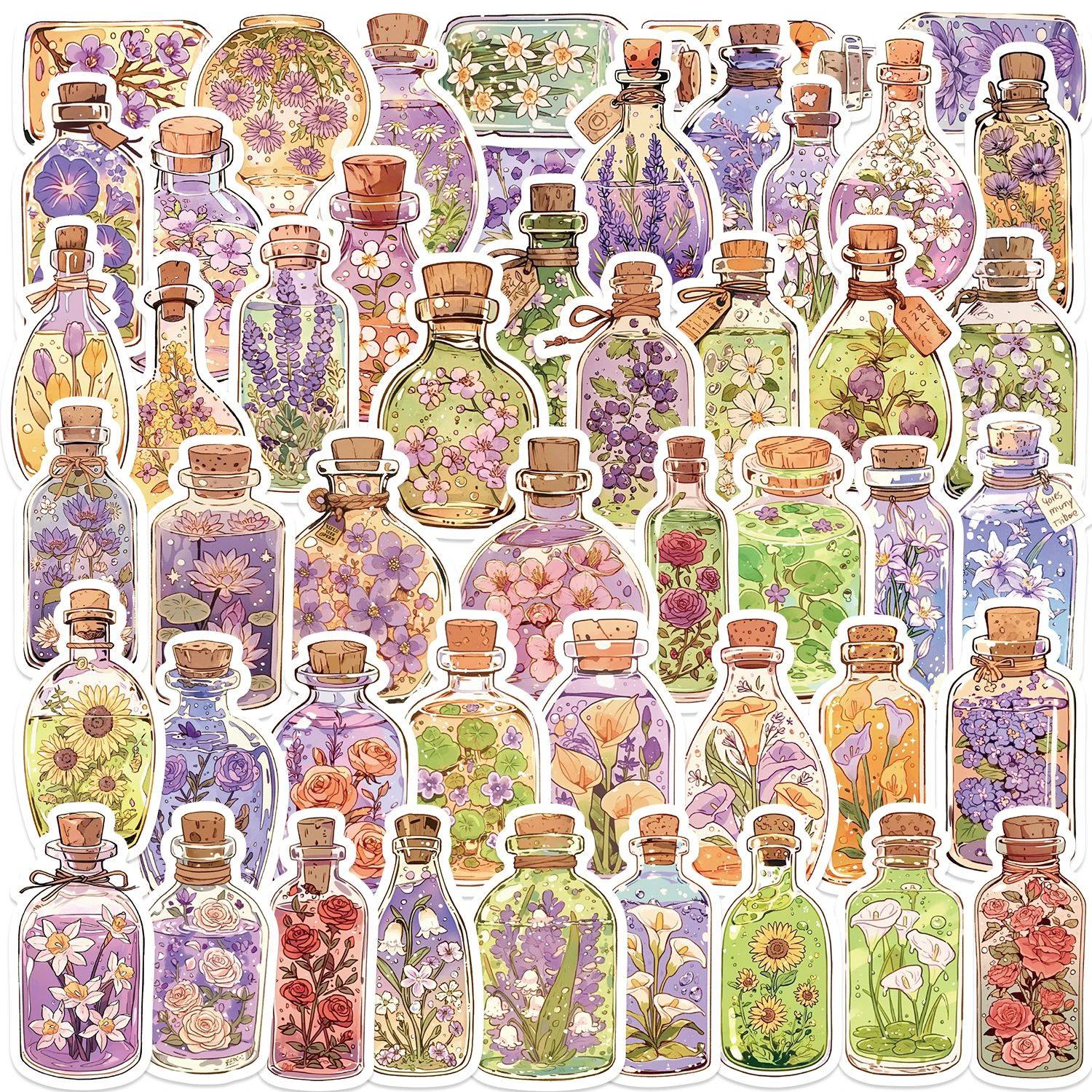 50PCS Ins Cute Cartoon Bottle Flower Stickers Aesthetic DIY