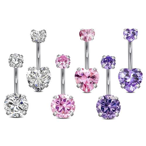 Surgical Steel Round Heart CZ Navel Belly Button Ring