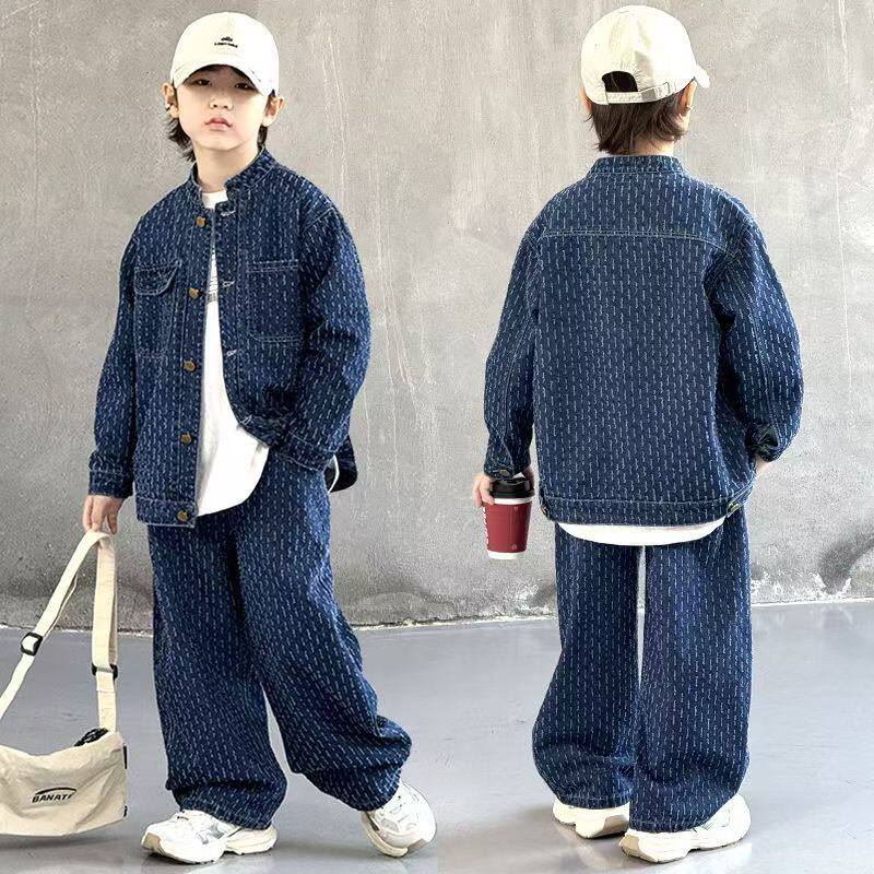 韩版男童牛仔套装春秋两件套中大童帅气潮流外套裤子时髦清新简约