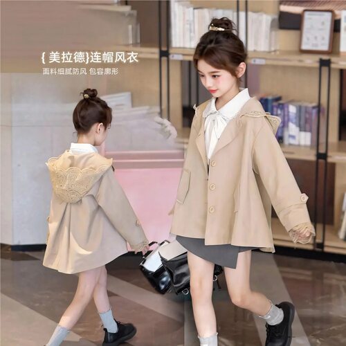 女童蕾丝连帽风衣秋季韩版新款