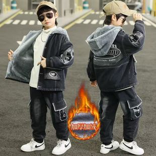 男童加厚加绒套装冬季2025新款儿童冬装牛仔两件套中大童男孩卡通