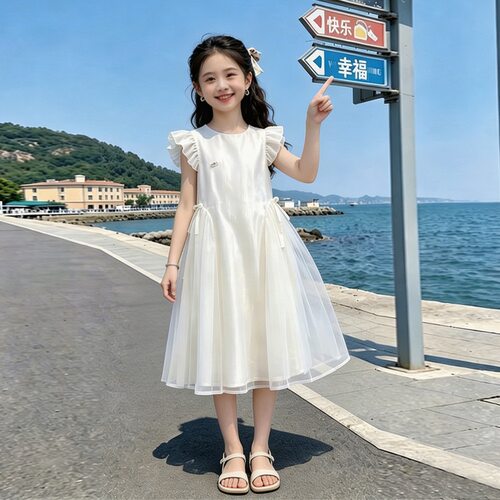 女童夏季飞飞袖网纱公主连衣裙