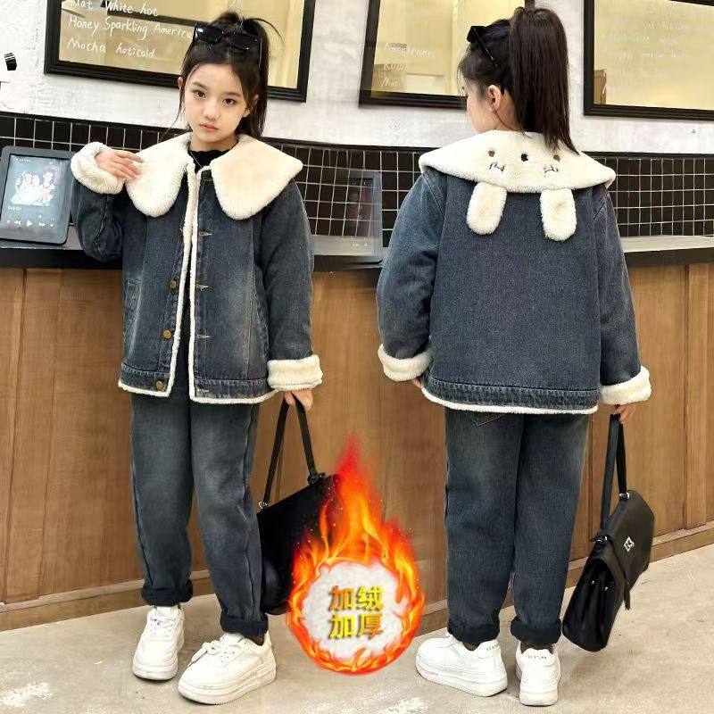 女童加绒牛仔外套洋气时髦秋冬季2025新款女宝宝儿童冬装网红上衣