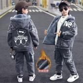 儿童冬装 2026新款 牛仔两件套中大童男孩加厚衣服 冬季 男童加绒套装