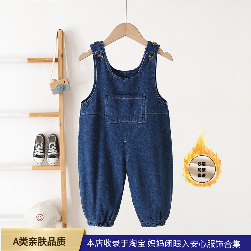 儿童加绒牛仔背带裤冬新男女宝宝韩版宽松洋气连体裤幼儿0-3童裤