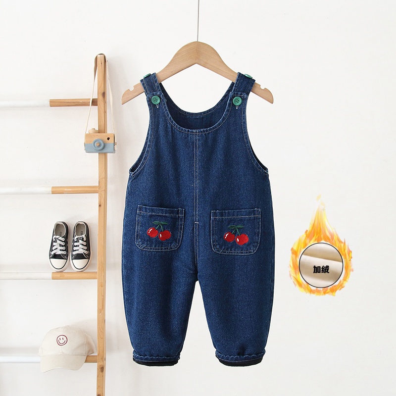 儿童加绒牛仔背带裤秋冬男女韩版宝宝不滑肩连体长裤幼儿0-3童裤