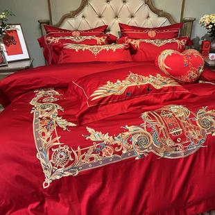 高端140支匹马棉刺绣四件套全棉提花大红色婚庆结婚被套新婚床品