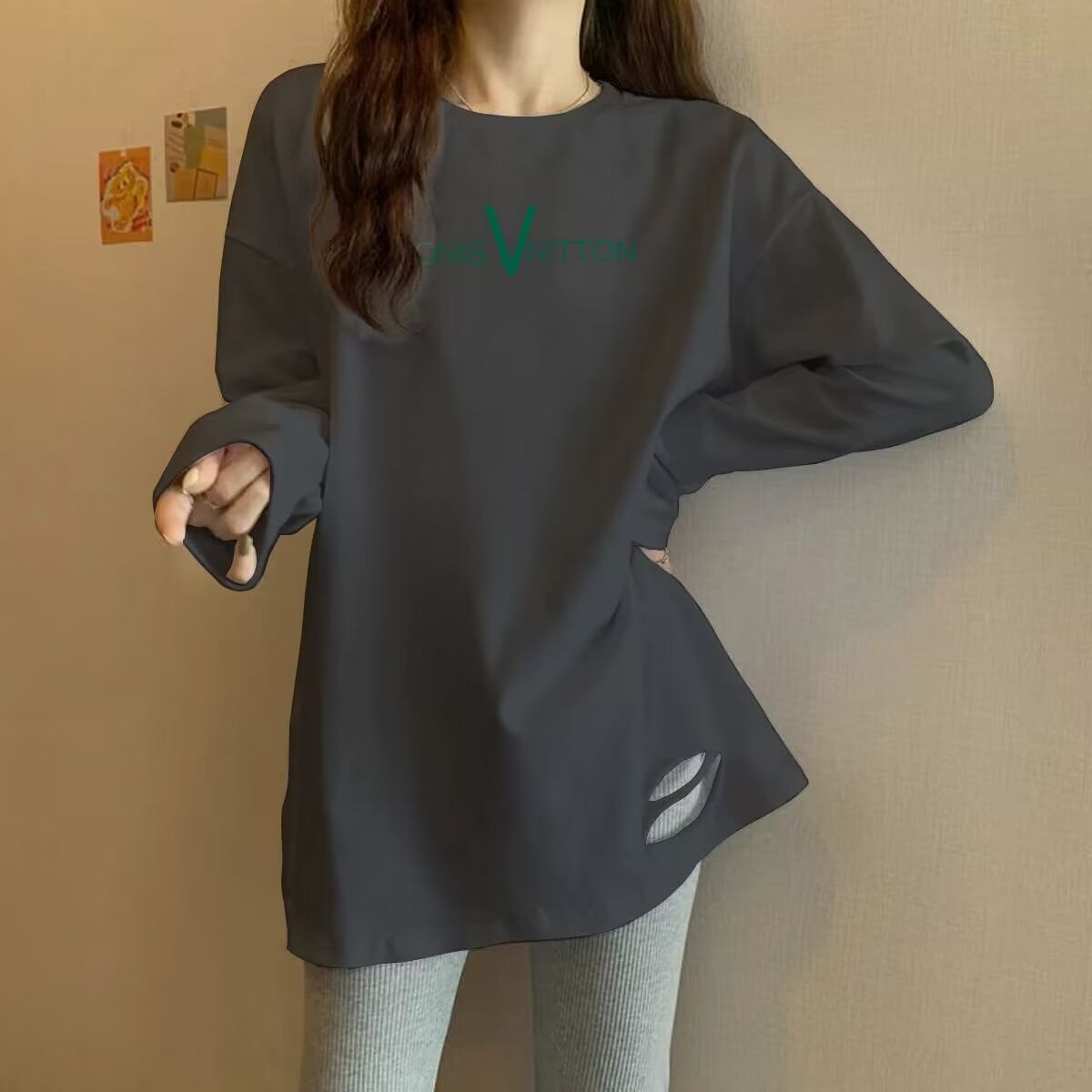 鲨鱼裤搭配的上衣纯棉体恤女遮臀灰色打底衫长款长袖t恤女遮屁股