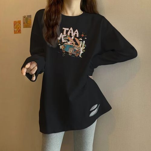 鲨鱼裤搭配的上衣纯棉体恤女遮臀春秋打底衫长款长袖t恤女遮屁股