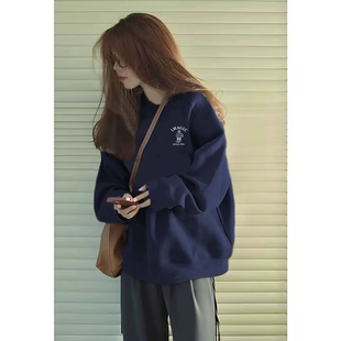 oversize韩版 秋冬2025新款 宽松加绒上衣 复古卫衣女款 藏蓝色美式