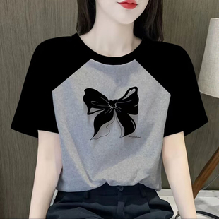黑灰印花洋气撞色宽松大码 新款 纯棉体恤上衣潮 t恤女夏季 欧货短袖