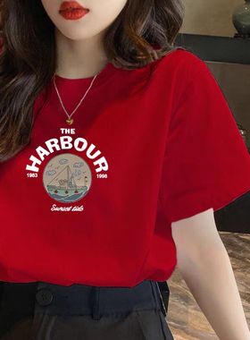 欧货红色纯棉短袖t恤女韩版新款夏季百搭宽松大码显瘦胖m圆领体恤