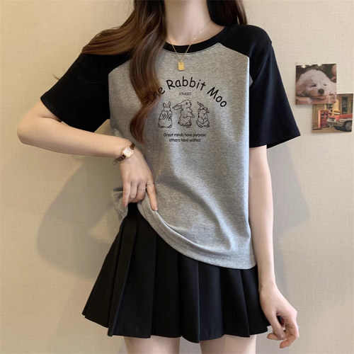 学生大码遮肚子插肩袖纯棉短袖t恤女夏季胖妹妹显瘦撞色正肩上衣