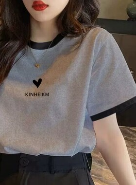 纯棉灰色短袖上衣夏季女装新款休闲宽松t恤女撞色大码半袖打底衫