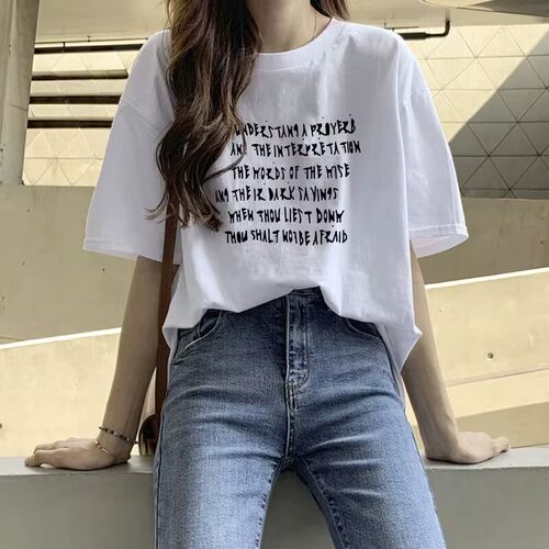白色宽松短袖t恤女2026夏季新款纯棉中长款时尚字母印花休闲上衣