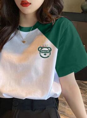 绿色夏季短袖t恤女士宽松纯棉体恤休闲大码半袖2025潮牌上衣新款