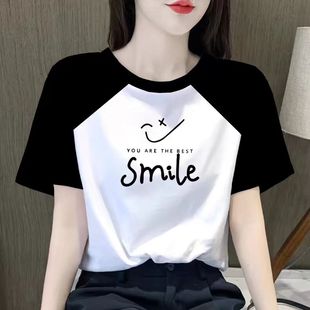 t恤女2025夏新款 欧货撞色纯棉短袖 拼接设计感小众减龄黑插肩上衣