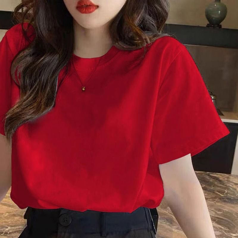 欧货红色纯棉短袖t恤女2025年新款夏季百搭宽松大码显瘦圆领体恤