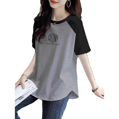 插肩袖纯棉中长款遮屁股打底衫弧形下摆宽松上衣不规则短袖T恤女
