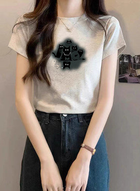 灰色正肩短袖t恤女夏季新款2025修身显瘦纯棉体恤洋气减龄上衣潮