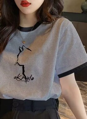 欧货短袖t恤女装夏季新款印花灰色宽松撞色减龄正肩大码纯棉上衣