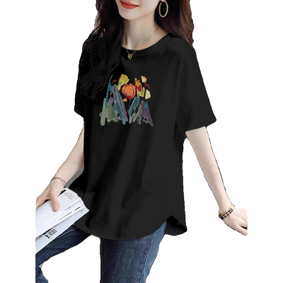 纯棉中长款遮屁股打底衫弧形下摆宽松上衣不规则遮肉短袖T恤夏季