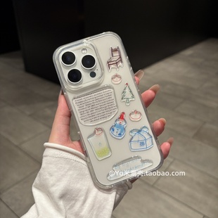 包相机按键！创意diy雪人贴纸适用于iPhone16promax手机壳苹果17air新款15plus透明简约14/13全包套12软防摔
