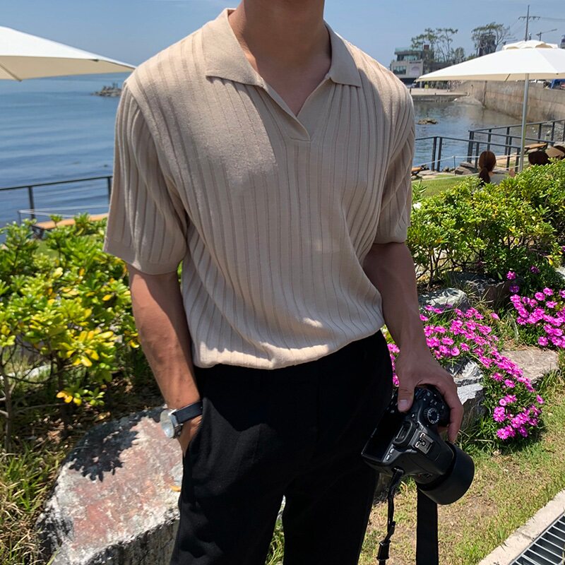 SUMMER KNIT SWEATER SLIM T-SHIRT MENS SOUTH KOREA DONGDAEMUN MENS DESIGN TOPS ALL-MATCH TRENDY BOTTOMING SHIRTS FOR MEN