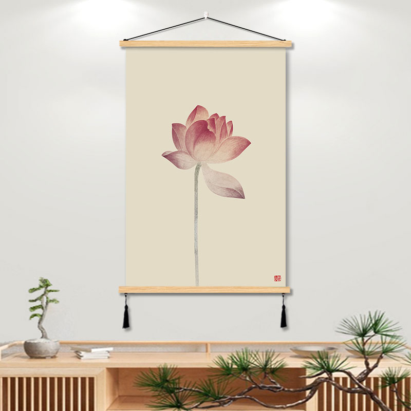 中式荷花茶室挂画办公室装饰画书房间艺术挂布艺免打孔背景墙壁画图片