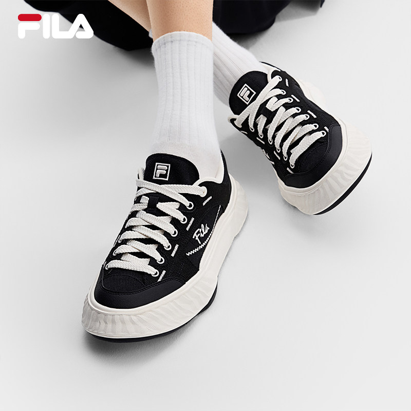 岩行帆布鞋|FILA 斐乐男FOSSO1+网面黑色轻便透气板鞋运