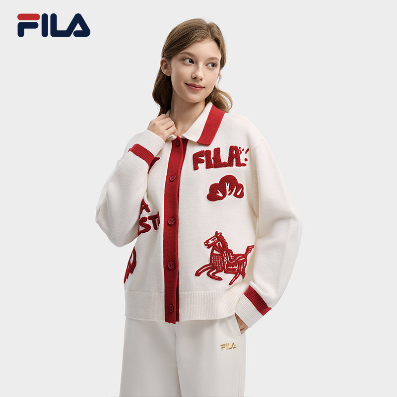 FILA 斐乐官方女士编织开衫2026春季新款毛巾绣宽松翻领毛衣外套
