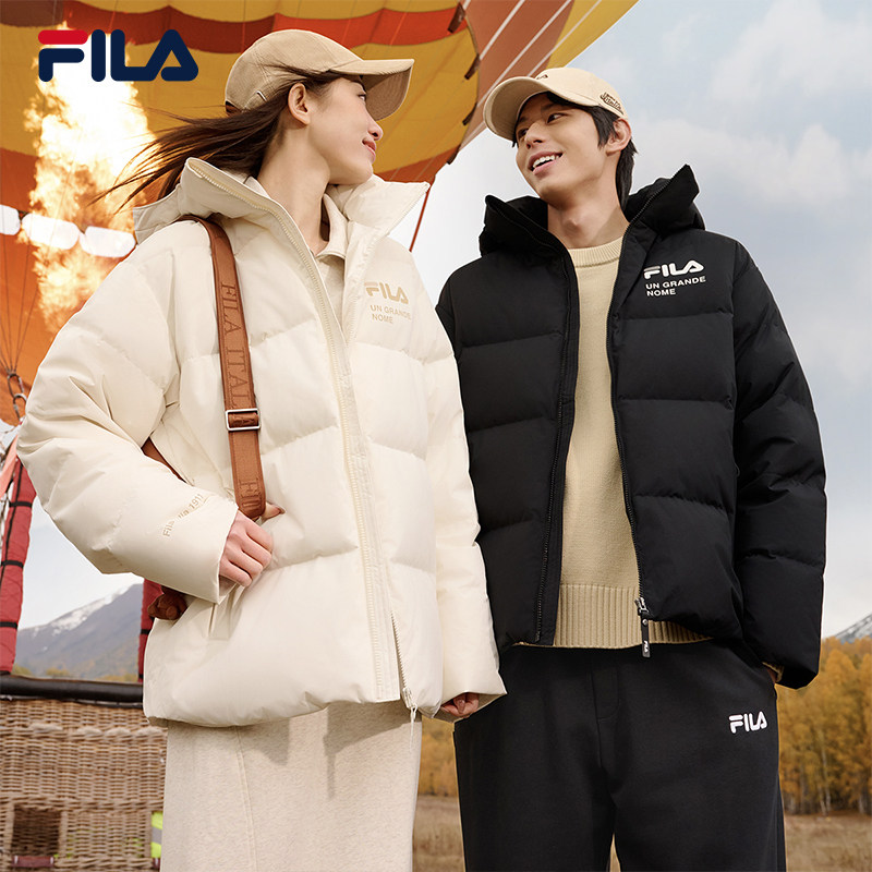 FILA 斐乐羽绒服情侣款2025冬季宽松休闲白色连帽简约保暖上衣
