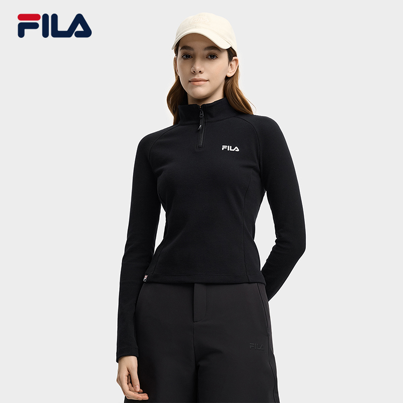FILA 斐乐官方女子针织长袖衫2025冬季新款时尚休闲拼色半拉链长T