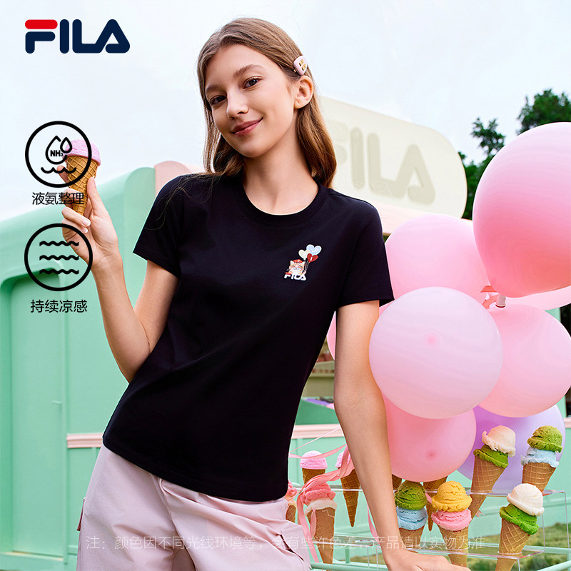 FILA 斐乐官方女子针织短袖衫2026春新款时尚休闲小猫刺绣圆