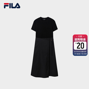 FILA 斐乐官方女子连衣裙2026秋季新款休闲裙子拼接修身短袖长裙