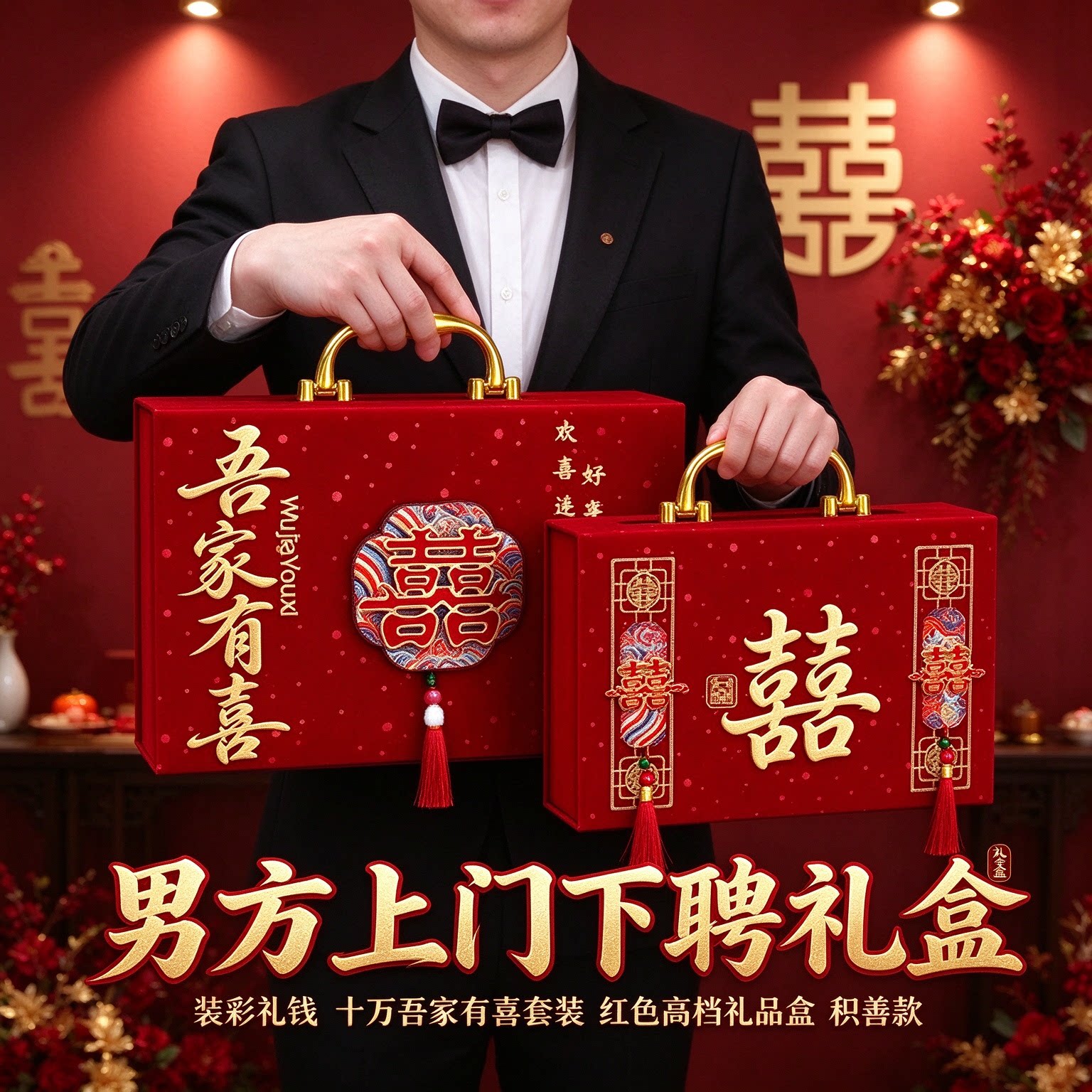 装彩礼钱的礼金盒装十万吾家有喜套装男方上门下聘红色高档礼品盒