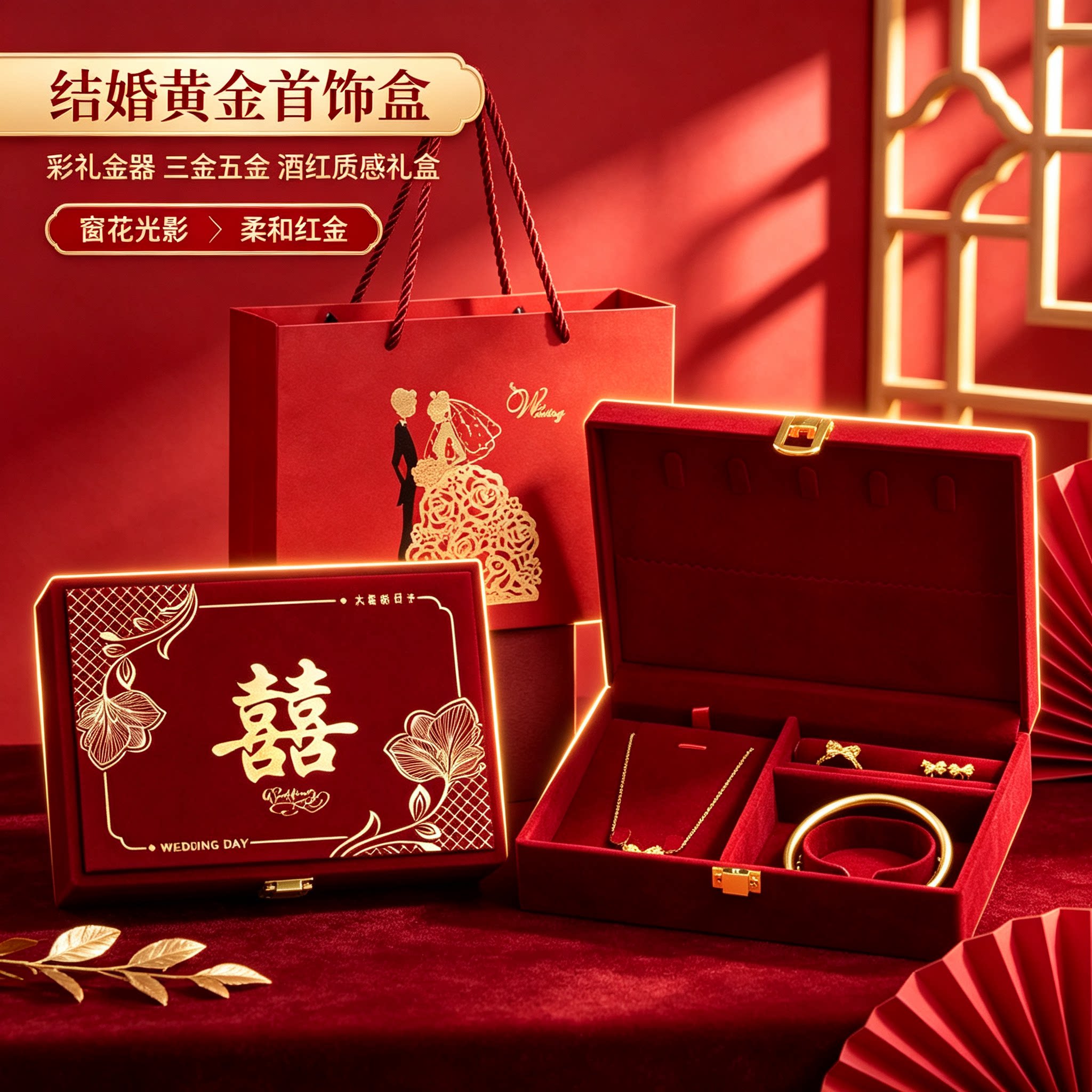 结婚五金盒男方金器订婚彩礼钱盒子酒红质感婚礼黄金首饰三金盒