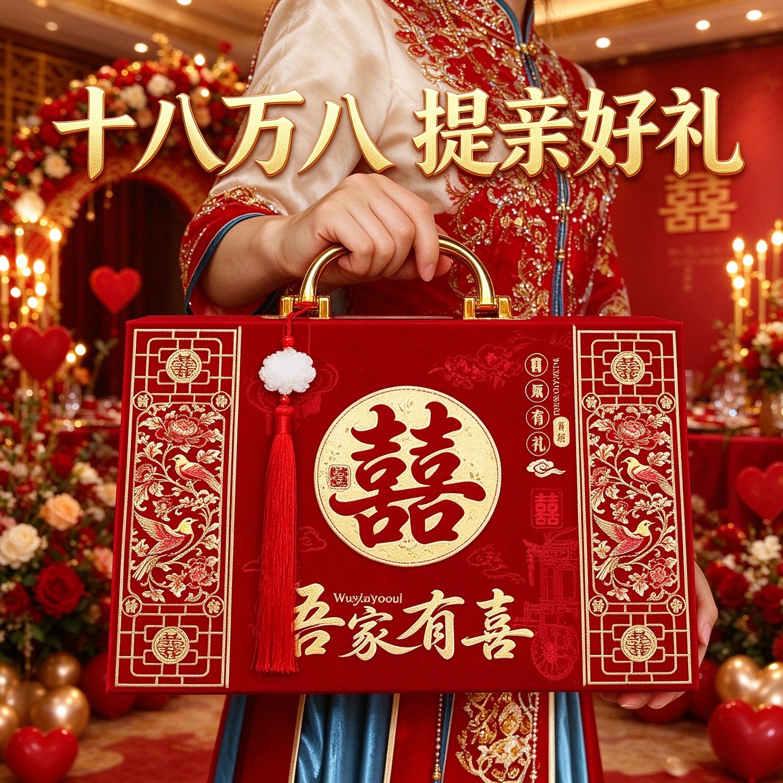 高档彩礼现金礼盒十八万八金把一整套男方上门提亲大红喜礼钱盒子