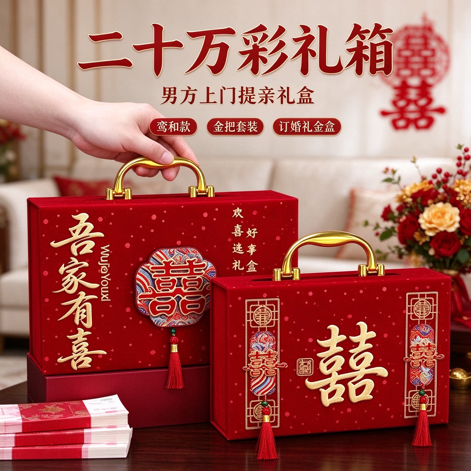 结婚彩礼箱礼金盒装二十万金把套装男方上门提亲大红好礼用品大全