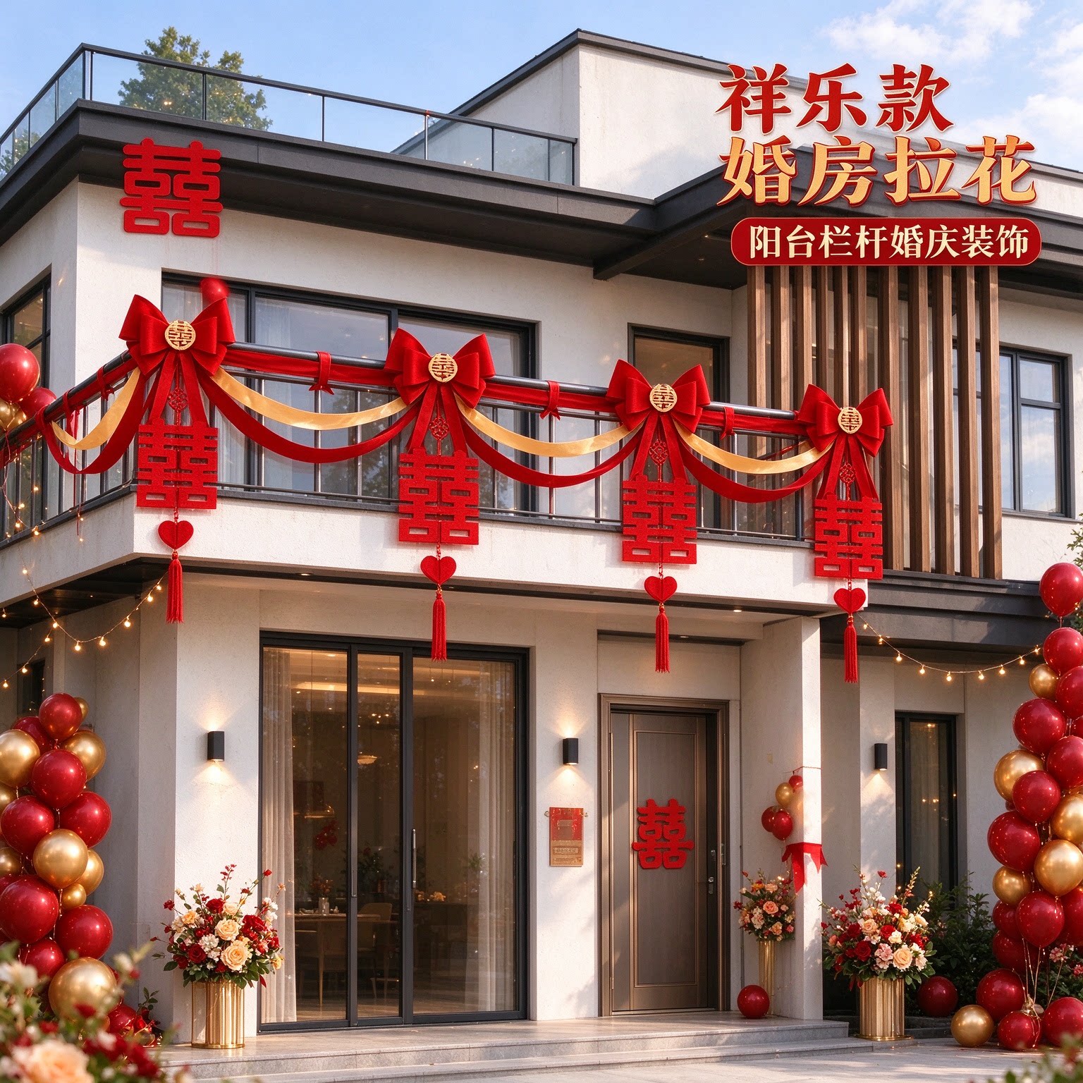 婚房拉花出嫁天花板喜字氛围感蝴蝶结客厅背景墙场景布置装饰用品