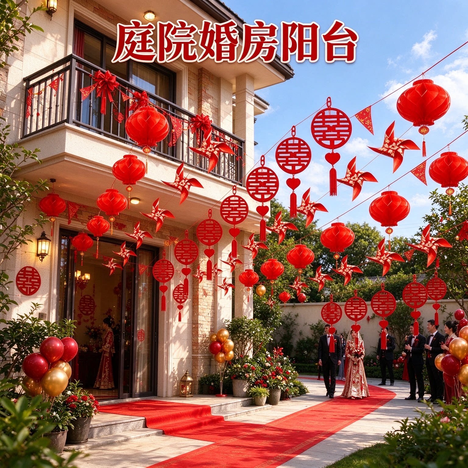 喜字拉花新娘家庭院户外彩旗灯笼风车2026新款院子婚礼布置装饰