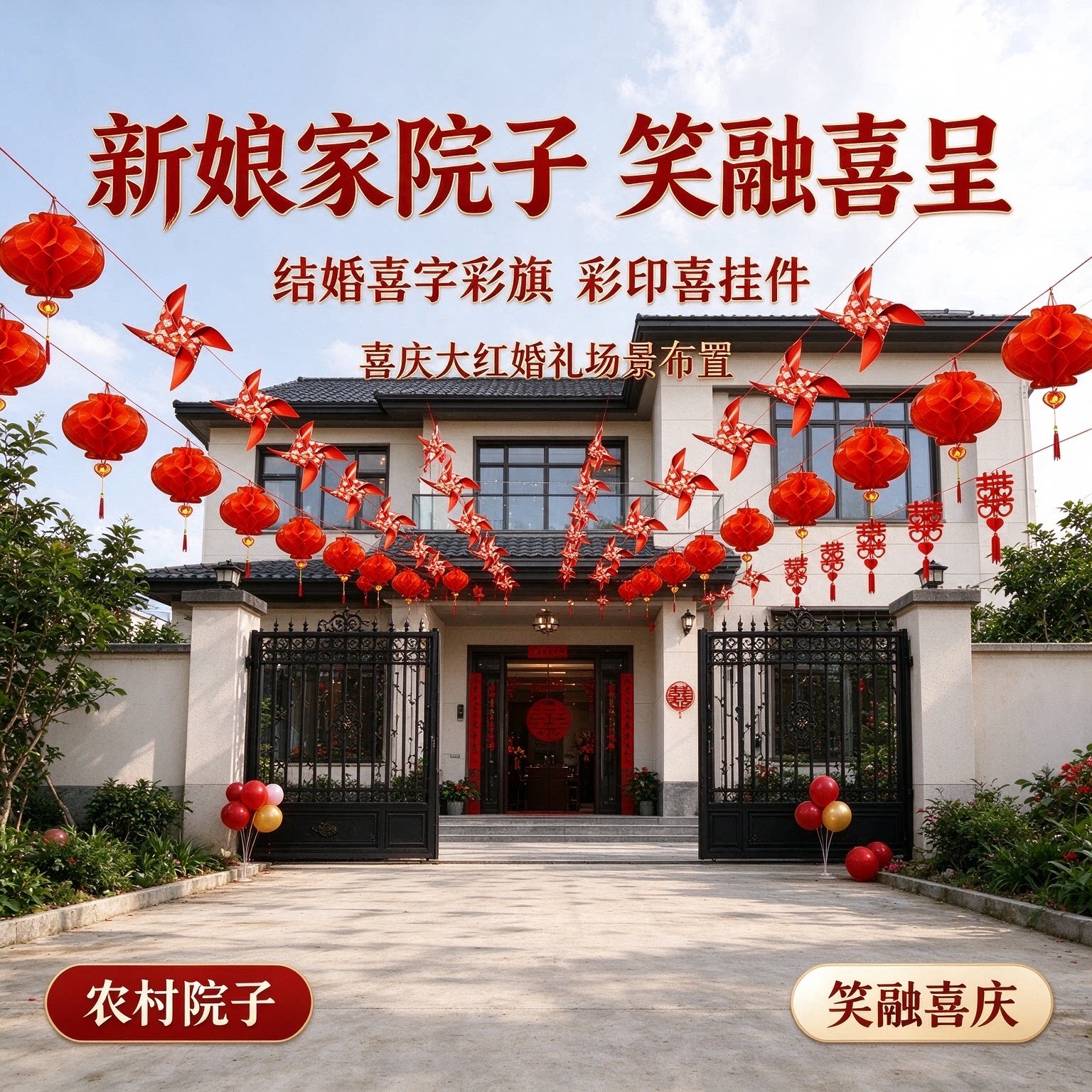 结婚喜字彩旗新娘家农村院子彩印喜挂件喜庆大红婚礼场景布置用品