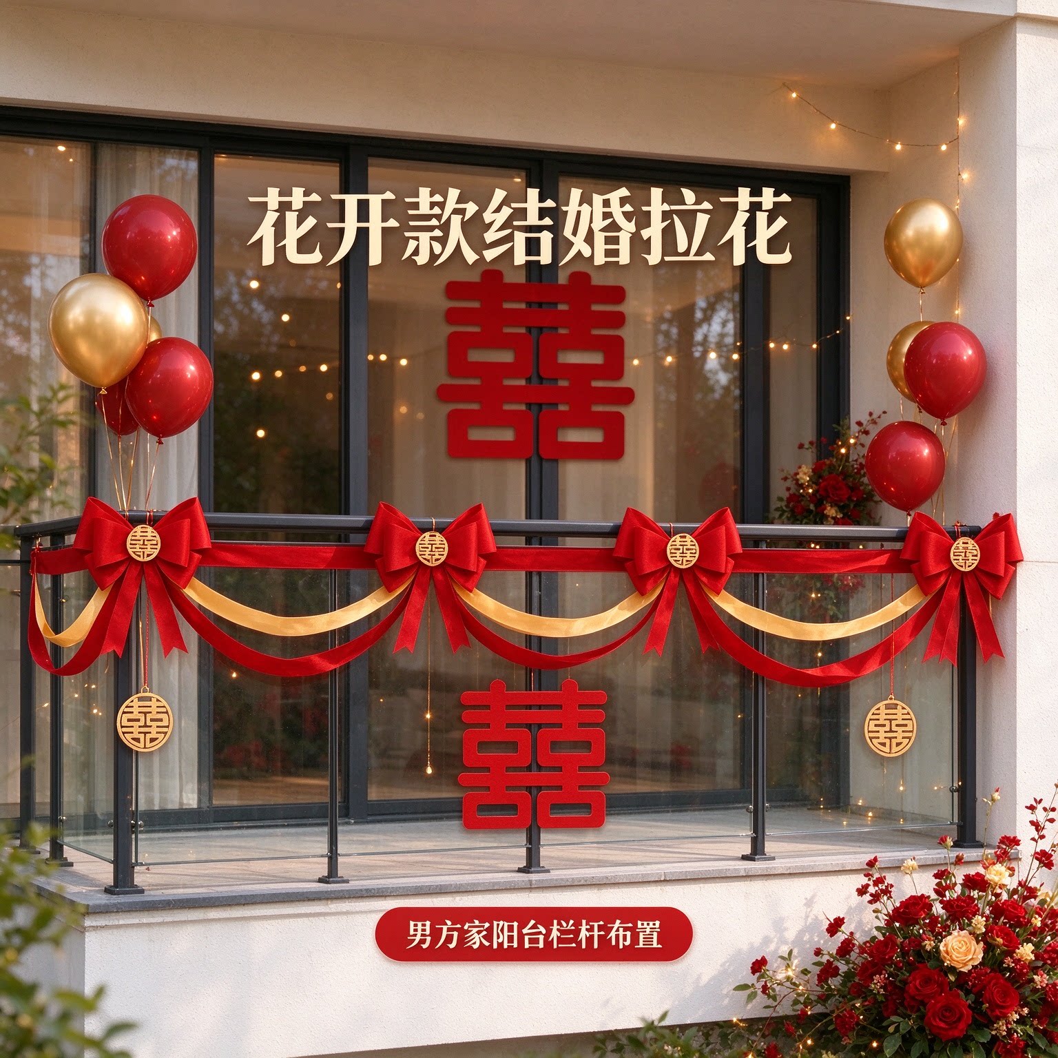 结婚拉花男方房门波浪旗高级感大红喜字房顶吊顶装饰布置装扮用品