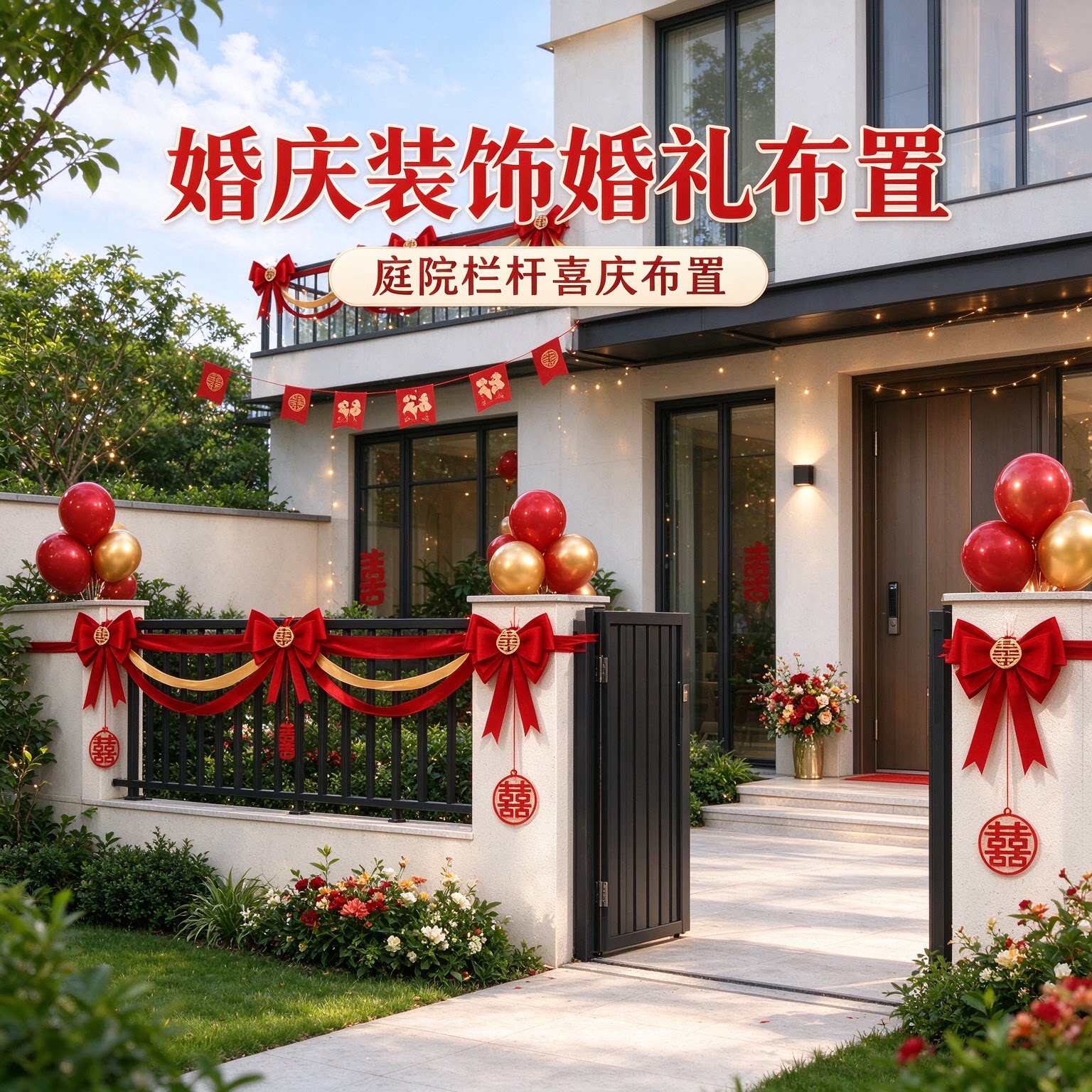 喜字拉花新人台阶彩旗简约大气长条阳台栏杆婚庆装饰婚礼布置用品
