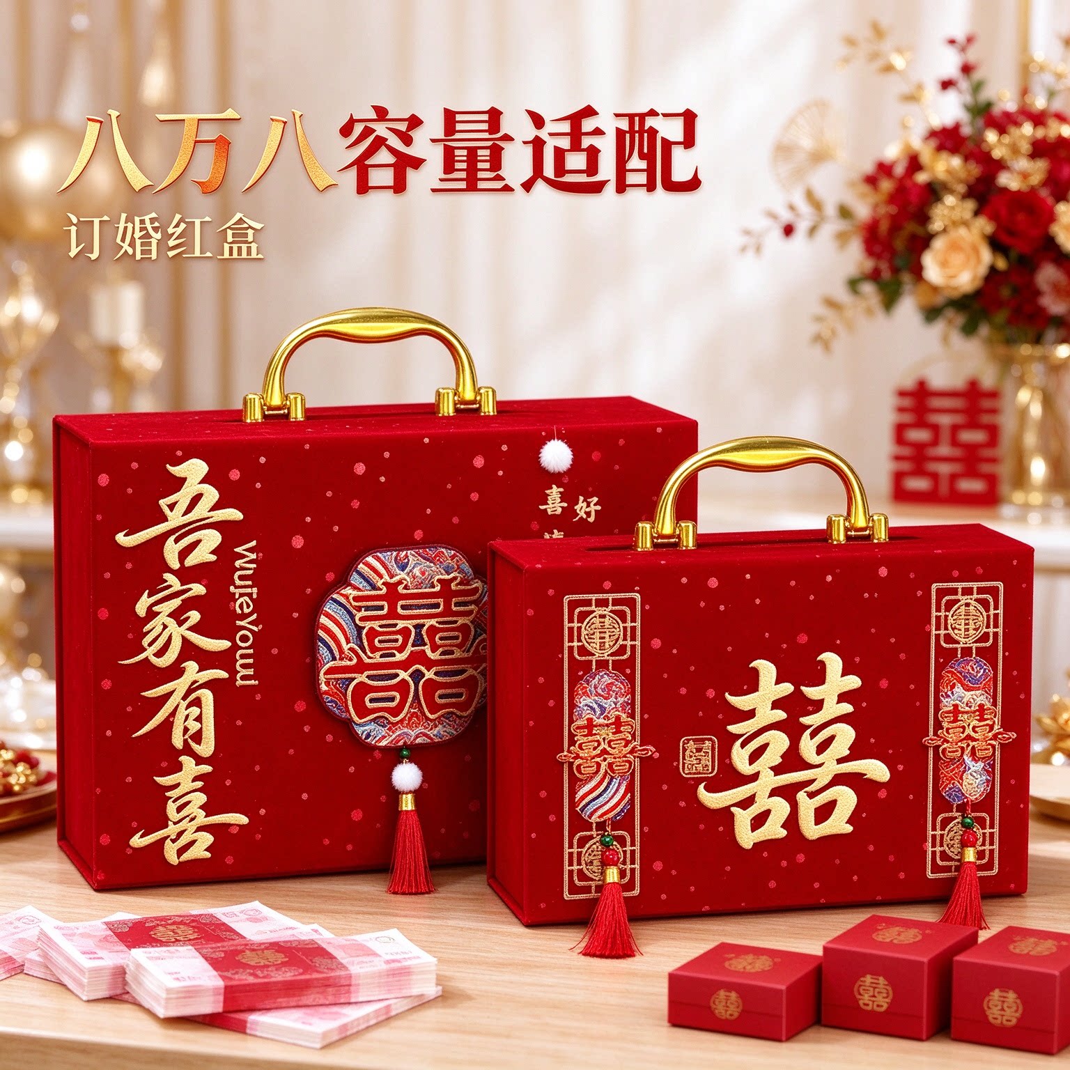 彩礼盒订婚专用2026年新款8万8龙凤呈祥四件套出嫁大红吉礼钱盒子