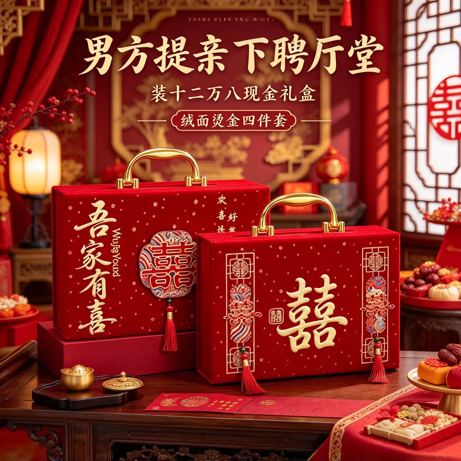彩礼现金礼盒提亲用十二万八绒面烫金四件套娘家陪嫁大红高档钱箱