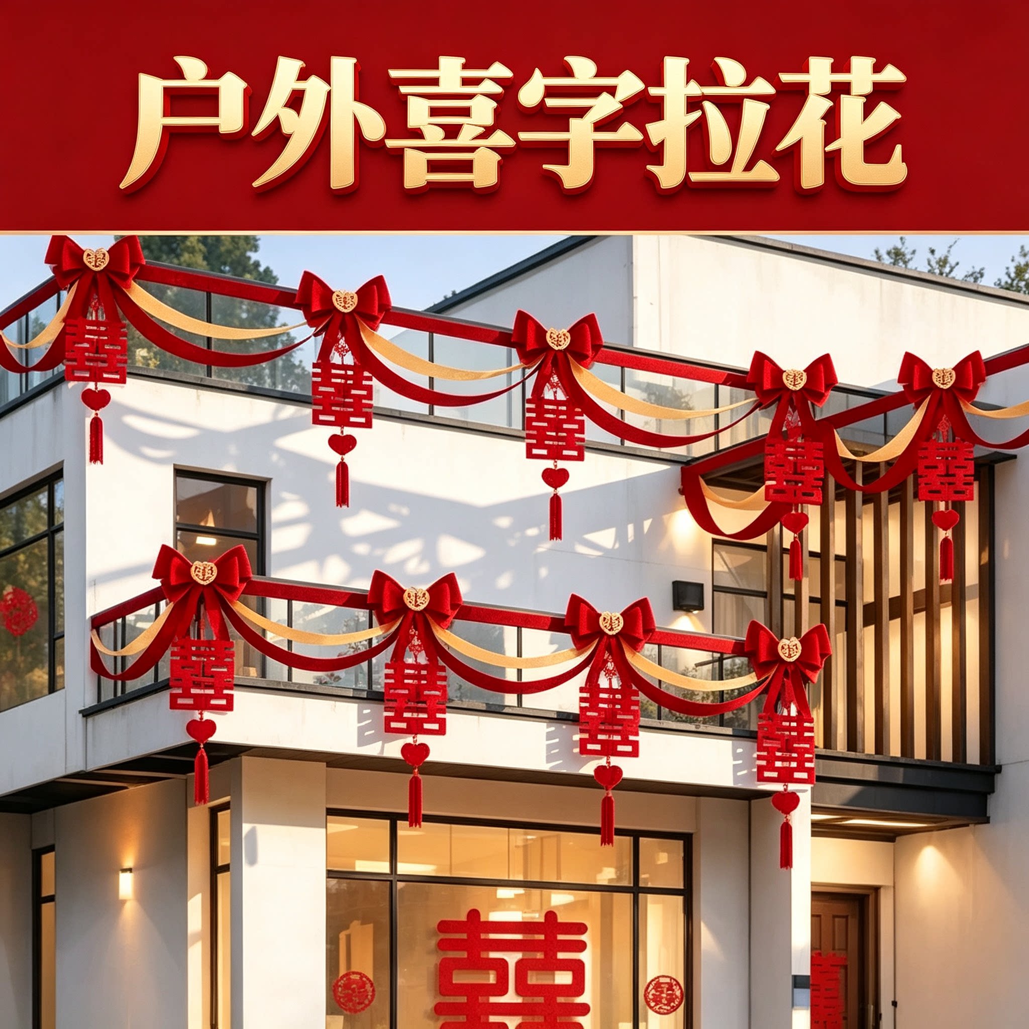 结婚拉花女方背景墙蝴蝶结新款大红喜字客厅吊顶婚庆装饰布置用品