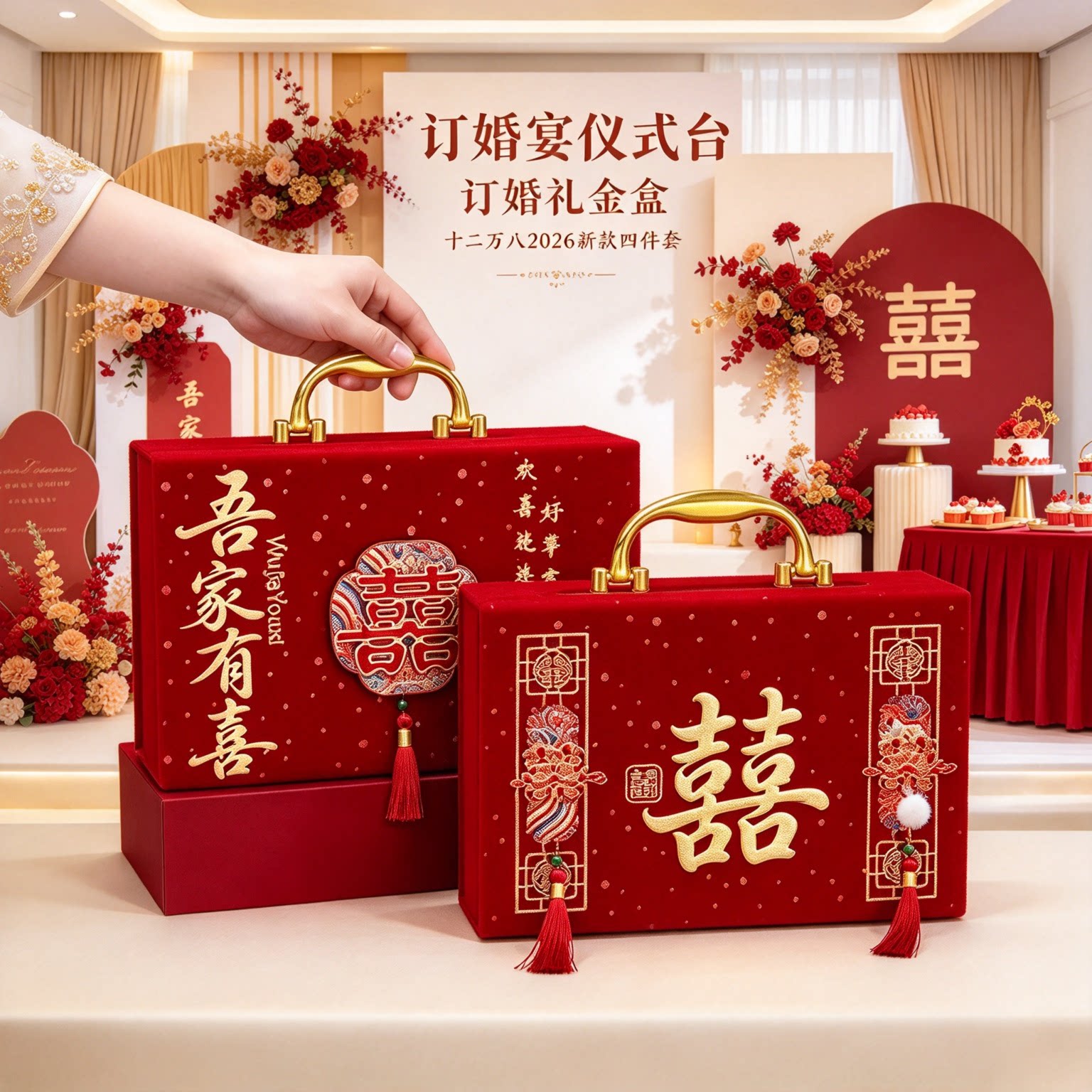 装彩礼钱的礼金盒子十二万八2026年新款四件套婚庆红色吉礼现金箱