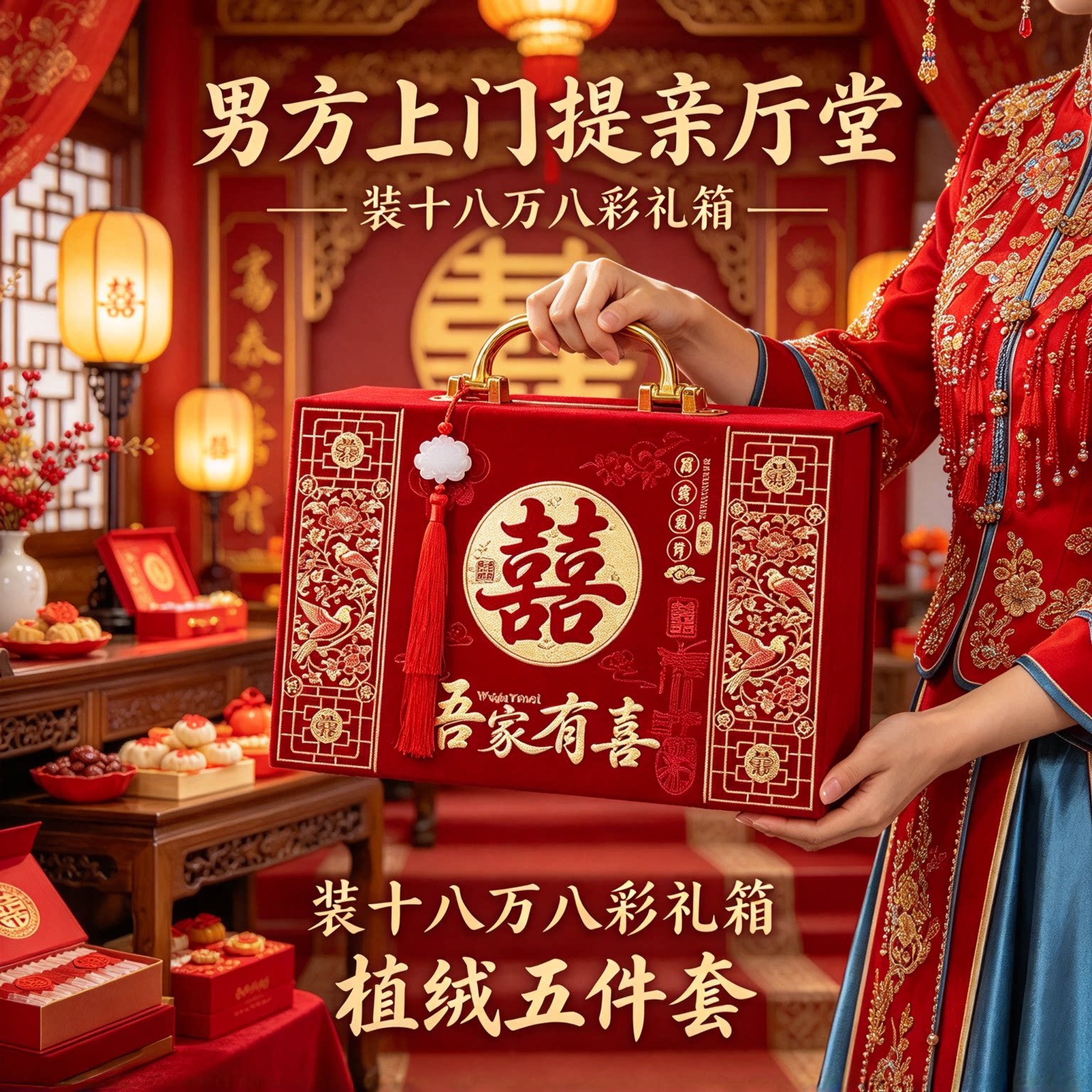 结婚彩礼箱礼金盒十八万八植绒五件套男方上门提亲红色吉礼钱盒子