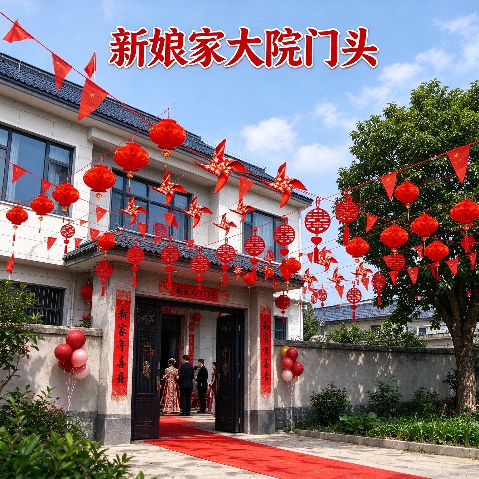 喜字拉花装饰新娘家农村院子彩旗灯笼风车氛围感婚庆场景布置用品